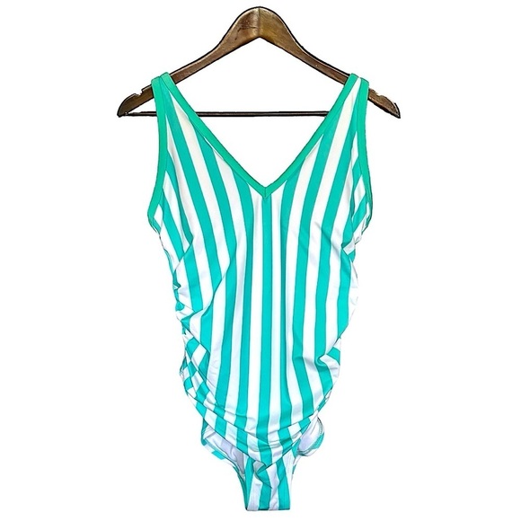 NEW Kona Sol Turquoise and White Striped One Piece Swimsuit Size 14W V Neck - Picture 11 of 11